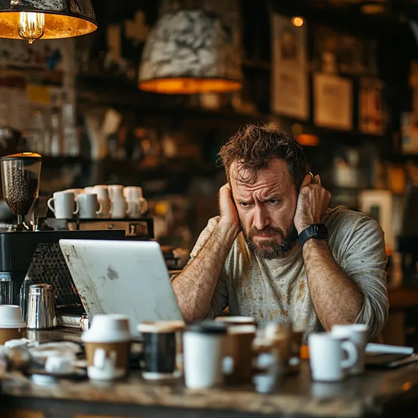 A frustrated man in a coffee shop